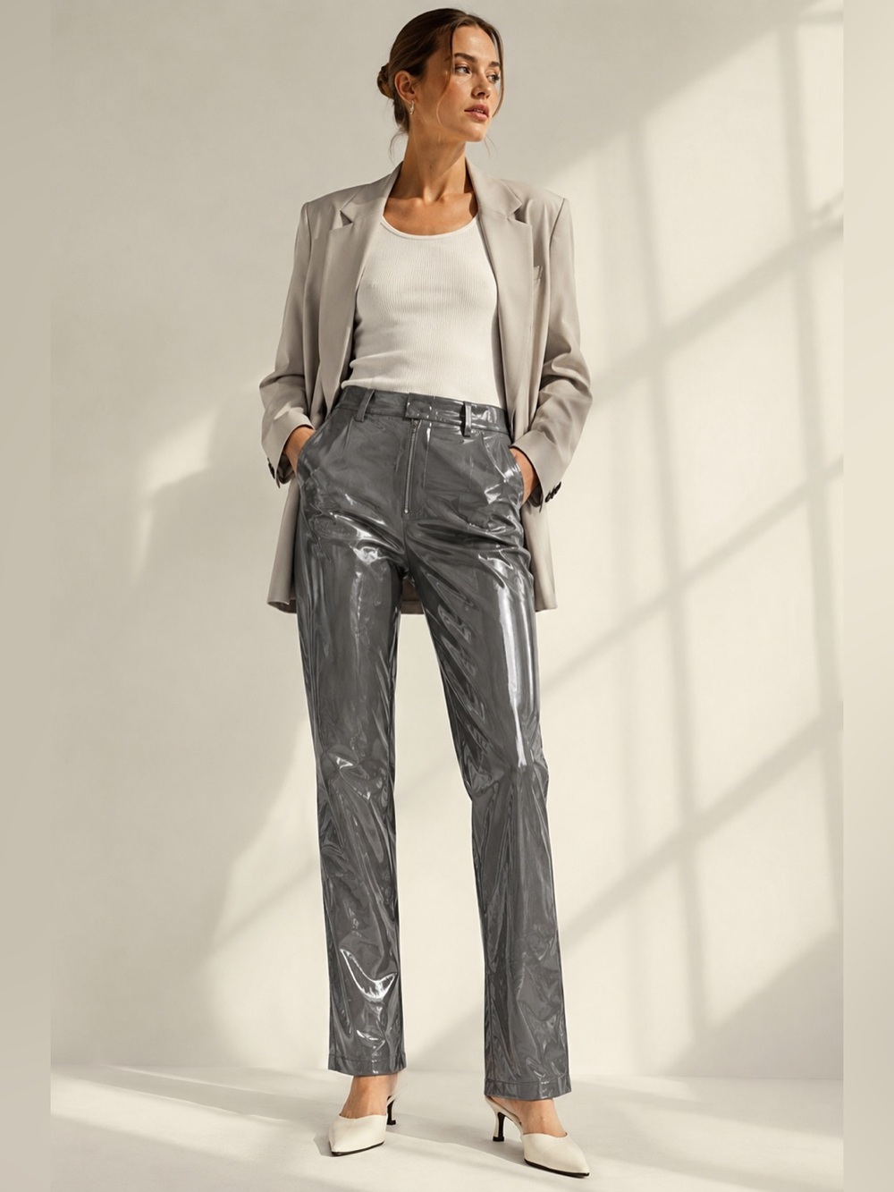 Tibi Patent Faux Leather Pants Gray High Rise Straight Leg Size 00 NWT